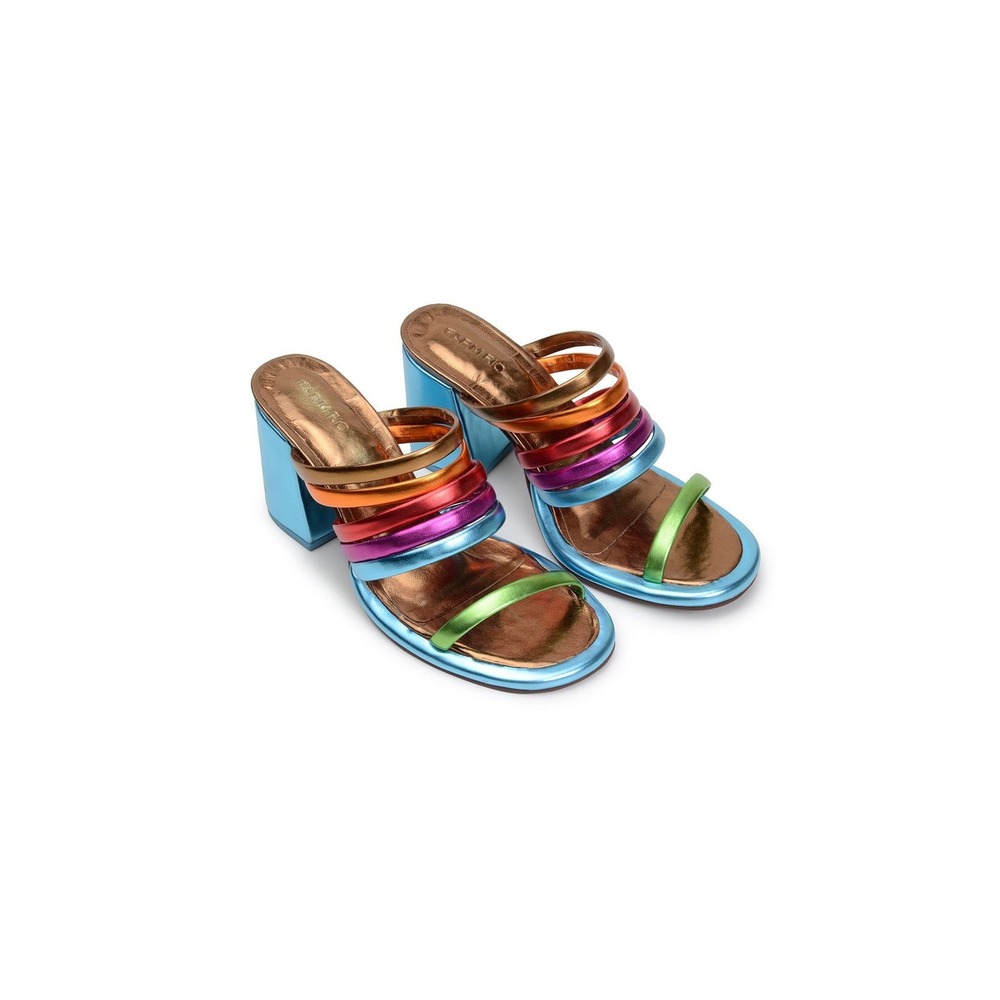 Farm Rio Rainbow Metallic Leather Multi-Strap Block Heel Sandals Shoes US 10